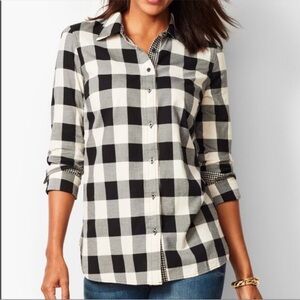 Talbots Classic Cotton Shirt Black Gray Lumberjack Check Button Top Front LP